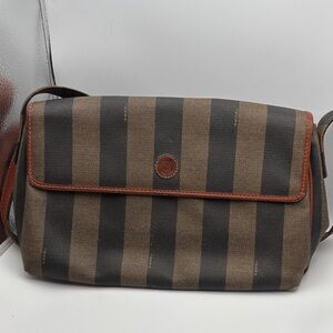 Fendi Striped Canvas Shoulder Bag in Brown and Black